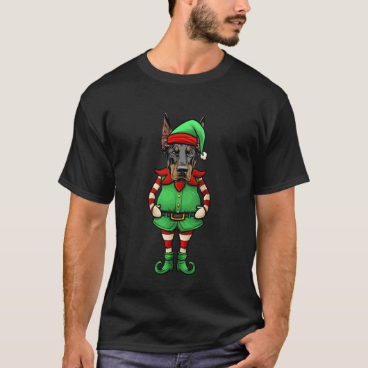 面白いクリスマスエルフ ドーベルマン 犬 Tシャツ (正面)