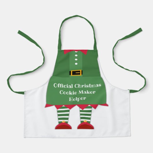 面白いクリスマスクッキー作りヘルパーエルフグリーン+レッド エプロン (正面)