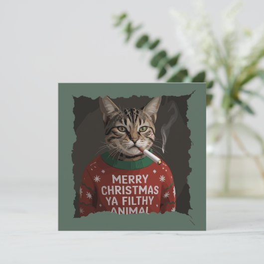面白いクリスマス猫 煙草を吸う猫 皮肉なホリデー ミーム シーズンカード (スタンド正面)