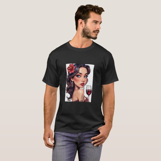 面白いグラフィック画像の珍しいワインと女性のメンズ Tシャツ (正面フル)