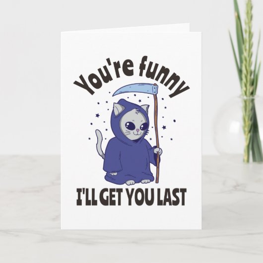 面白いグリムリーパー猫のハロウィン衣装 カード (正面)