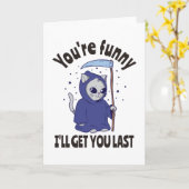 面白いグリムリーパー猫のハロウィン衣装 カード (黄色い花)