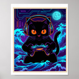 面白いゲーマー猫ネオンサイバーゲームの夜レトロアート ポスター