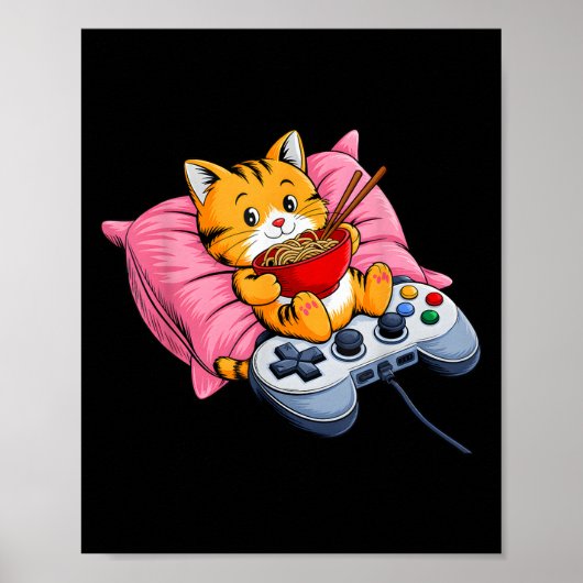 面白いゲーマー猫ラーメンかわいいゲーミング日本人女性 ポスター (正面)