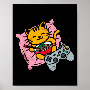 面白いゲーマー猫ラーメンかわいいゲーミング日本人女性 ポスター
