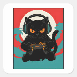 面白いゲーマー猫レトロコントローラーヘッドフォンナイト スクエアシール