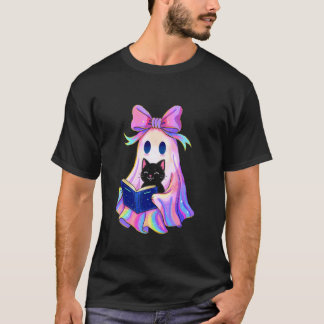面白いコケットボウハロウィンの幽霊が黒いCを持っている Tシャツ