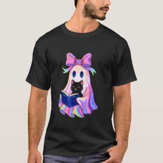 面白いコケットボウハロウィンの幽霊が黒猫を持つC Tシャツ