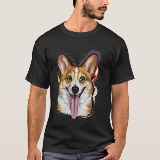 面白いコーギーの表情 面白いコーギーのアート Tシャツ (正面)
