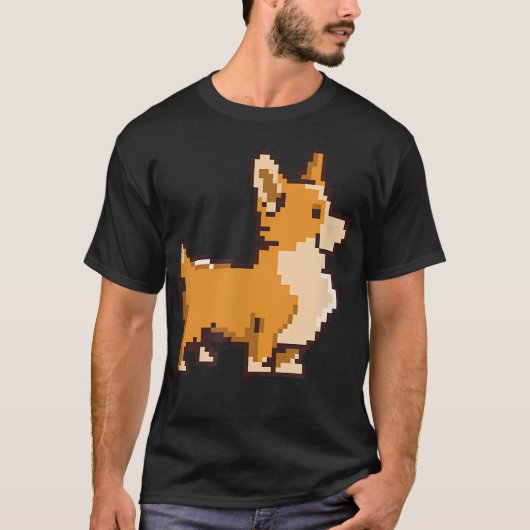 面白いコーギー犬アニマルピクセルアートレトロビデオ Tシャツ (正面)