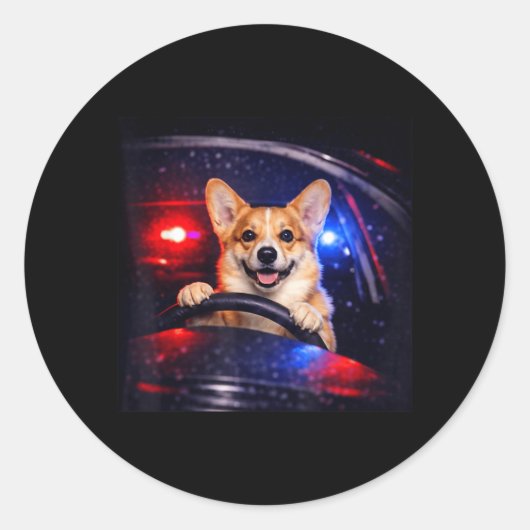 面白いコーギー運転する犬が車を運転する ラウンドシール (正面)