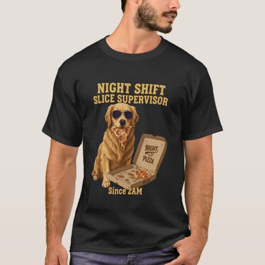 面白いゴールデンレトリバーの犬がピザを食べる監督 Tシャツ (正面)