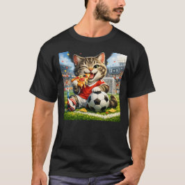 面白いサッカーネコがピザを食べるキャラクターデザイン Tシャツ