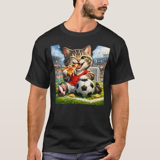 面白いサッカーネコがピザを食べるキャラクターデザイン Tシャツ (正面)