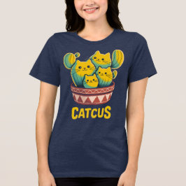 面白いサボテンネコ 猫 カクタス だじゃれ 女性用ネイビーTシャツ トライブレンドTシャツ