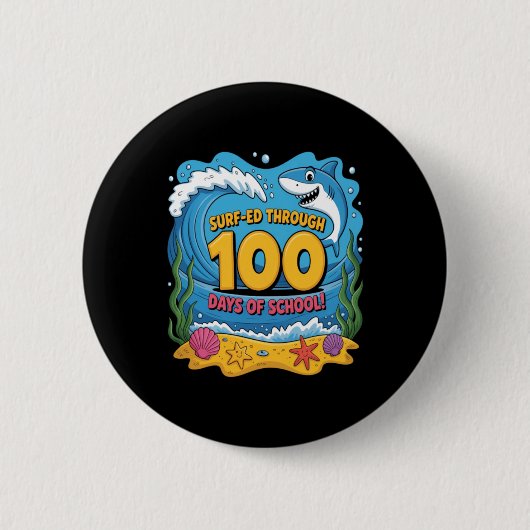 面白いサメの100日間サーフィンスクール 缶バッジ (正面)