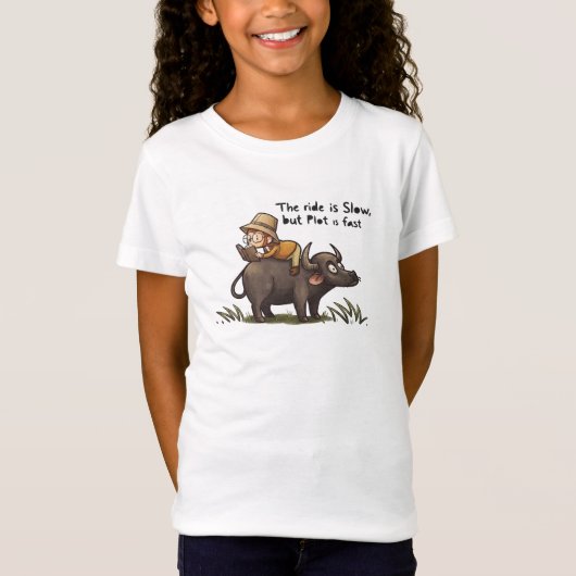 面白いサルが水牛に乗って本を読むキッズTシャツ Tシャツ (正面)