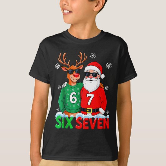 面白いサンタのトナカイ 6 7 クリスマスのミーム 六 七 Tシャツ (正面)