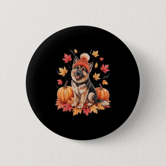 面白いジャーマンシェパード 秋 紅葉 犬好き 缶バッジ (正面)