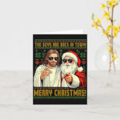 面白いジーザスサンタ 少年たちは町に帰ってきた おめでたい カード (黄色い花)