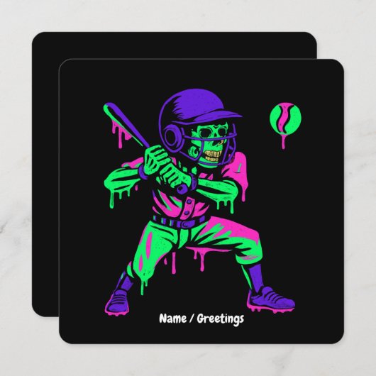 面白いスケルトンがアイスクリームをこぼしながらベースボールを打つ 招待状 (正面/裏面)