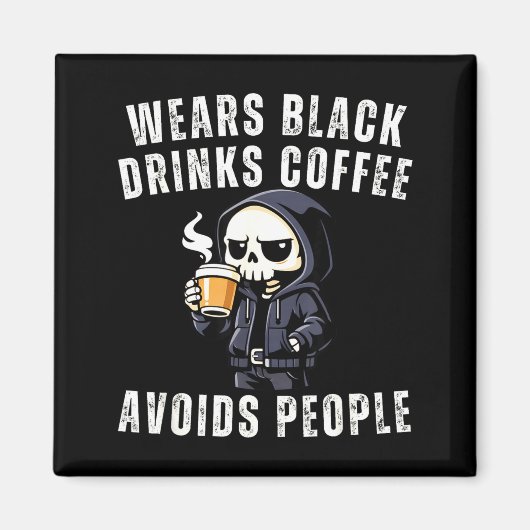 面白いスケルトンが黒を着てコーヒーを飲んで人避けるFun マグネット (正面)