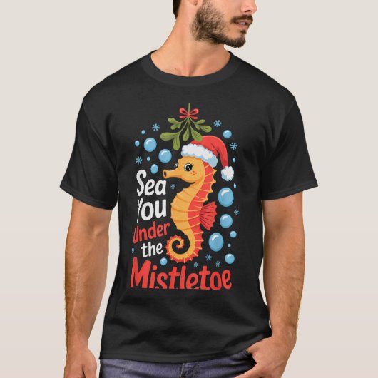 面白いタツノオトシゴ クリスマス サンタの帽子 キッズ Tシャツ (正面)