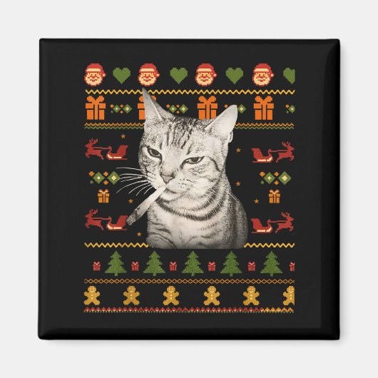 面白いタバコを吸う猫のミーム クリスマスアグリーセーター マグネット (正面)