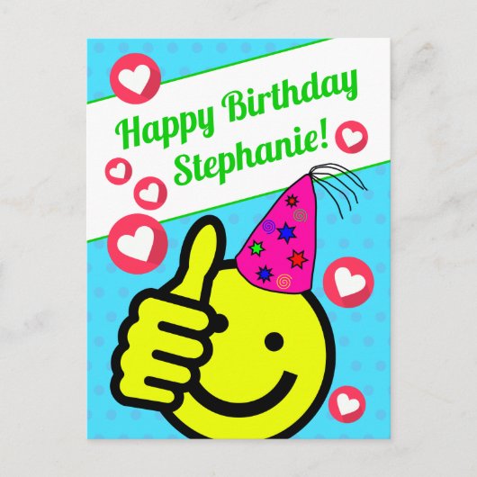 面白いターコイズスマイルフェイス あなたの名前 誕生日おめでとう ポストカード (正面)
