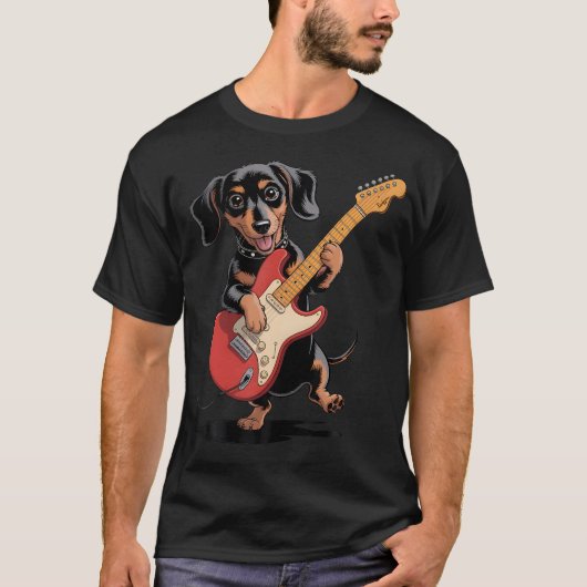 面白いダックスフントのウィーニーがギターを弾くクールな犬の音楽 Tシャツ (正面)