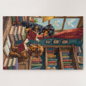 面白いダックスフントの本屋さん 読書犬 愛好家 アート ジグソーパズル (横)