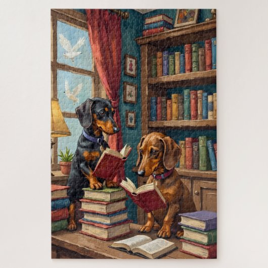 面白いダックスフントの本屋さん 読書犬 愛好家 アート ジグソーパズル (縦)