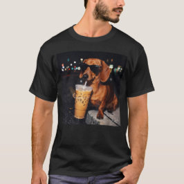 面白いダックスフンドがアイスコーヒーを飲む犬のミーム Tシャツ
