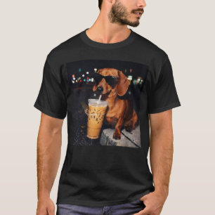 面白いダックスフンドがアイスコーヒーを飲む犬のミーム Tシャツ