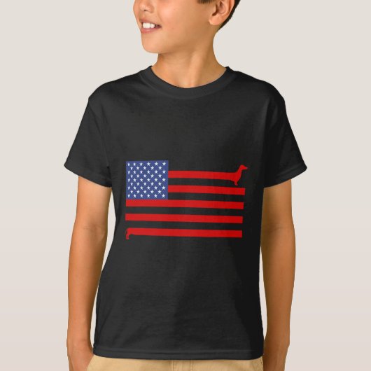 面白いダックスフンド アメリカ国旗 7月4日 愛国 ダックス Tシャツ (正面)