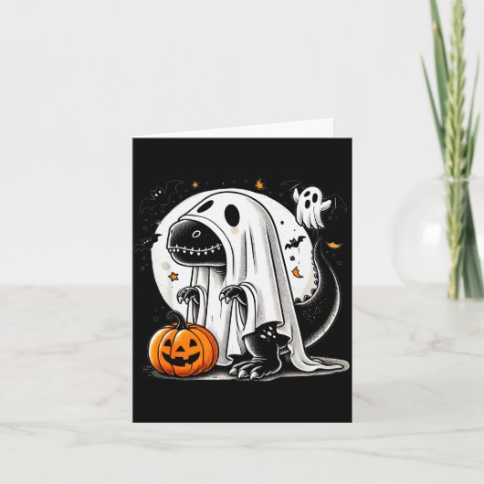 面白いティラノサウルス幽霊恐竜ハロウィンコスチューム カード (正面)