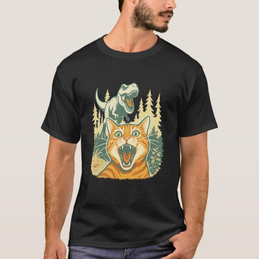 面白いティラノサウルス恐竜と猫の自撮り Tシャツ (正面)
