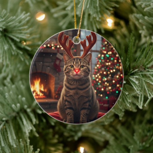 面白いトナカイの子猫 ルドルフ 猫 クリスマス セラミックオーナメント (ツリー)