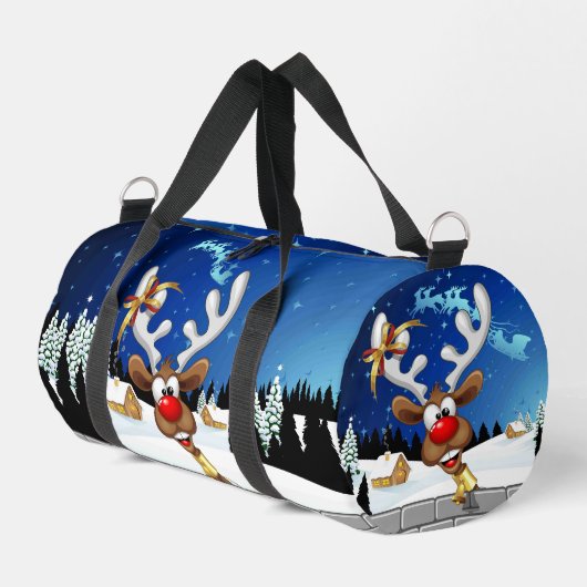 面白いトナカイの覗き見クリスマスミーム ダッフルバッグ (左コーナー)