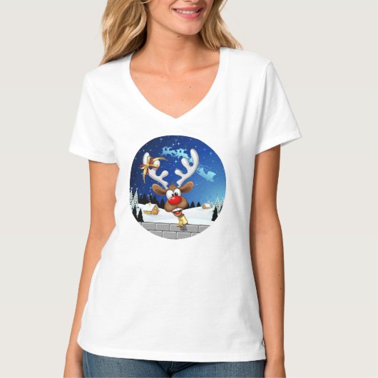 面白いトナカイの覗き見クリスマスミーム Tシャツ (正面)