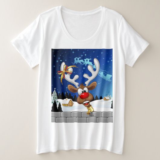 面白いトナカイの覗き見クリスマス・ミーム プラスサイズTシャツ (デザイン正面)