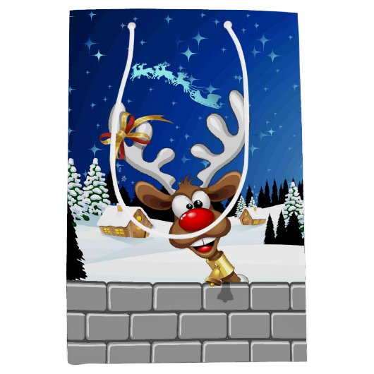 面白いトナカイの覗き見クリスマス・ミーム ミディアムペーパーバッグ (正面)