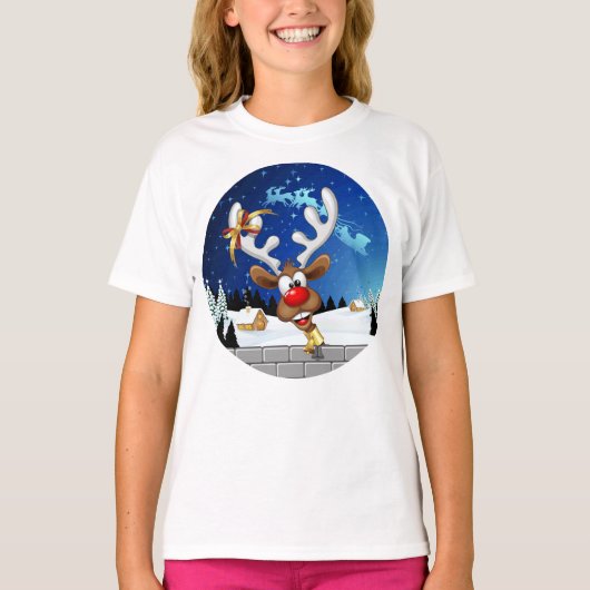 面白いトナカイの覗き見クリスマス・ミーム Tシャツ (正面)