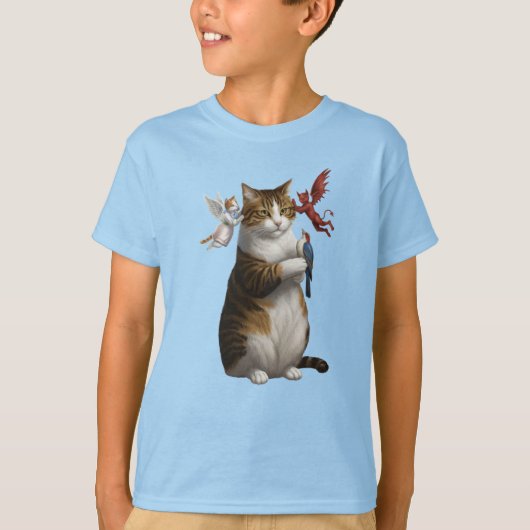 面白いトラ猫ジレンマキッズTシャツ Tシャツ (正面)