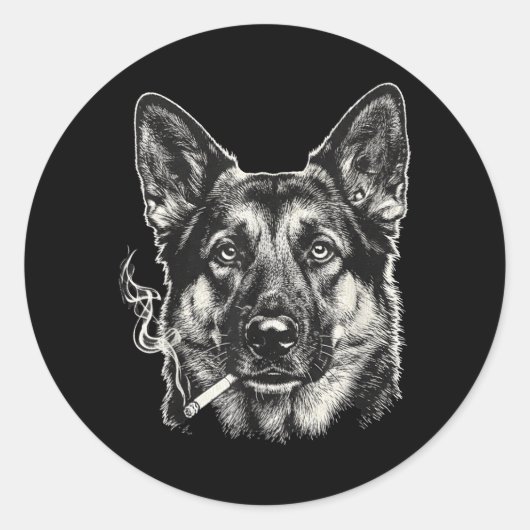 面白いドイツ牧羊犬のミーム 犬が煙草を吸っている ラウンドシール (正面)