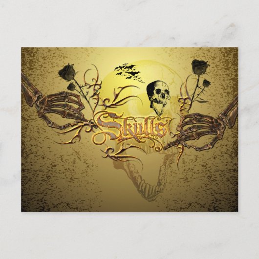 面白いドクロの文字とバラ ポストカード (正面)