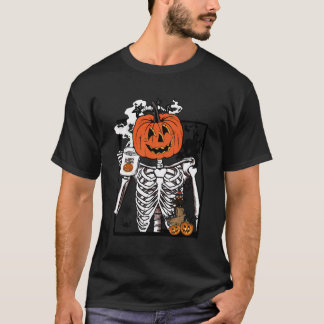 面白いドクロ スケルトン コーヒーカップ レトロ カボチャ ハロウィン Tシャツ