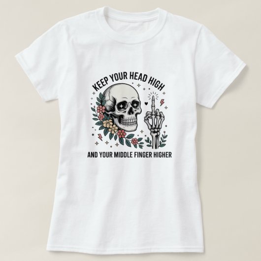 面白いドクロ 中指Tシャツ | 皮肉なフラワ Tシャツ (デザイン正面)