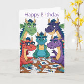 面白いドラゴンの誕生日カード カード (黄色い花)