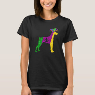 面白いドーベルマン犬のマルディグラパーティーマスクビーズ犬 Tシャツ